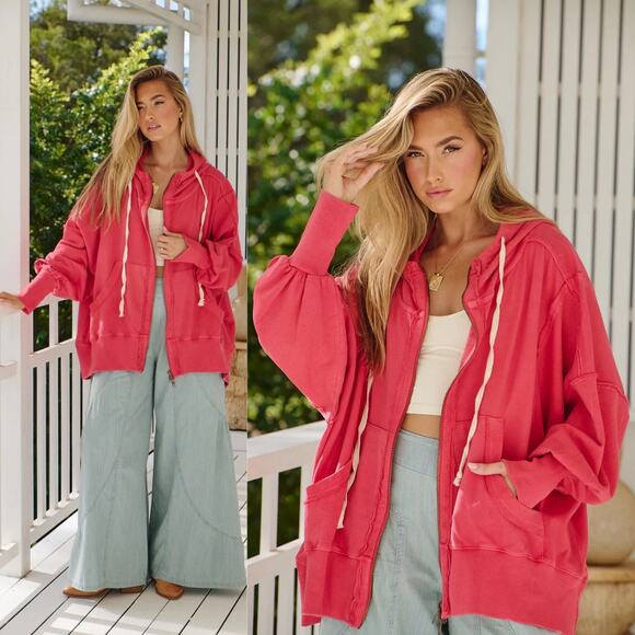 We The Free Free People Camden Oversized Full-Zip Hoodie in Red Pink (Sz M) - Picture 1 of 12
